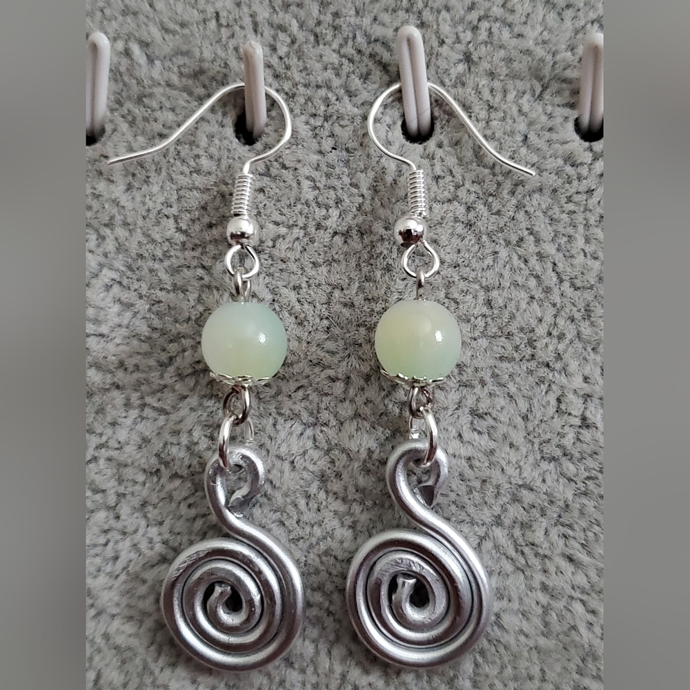 Green silver spiral handmade Wire wrapped earrings
